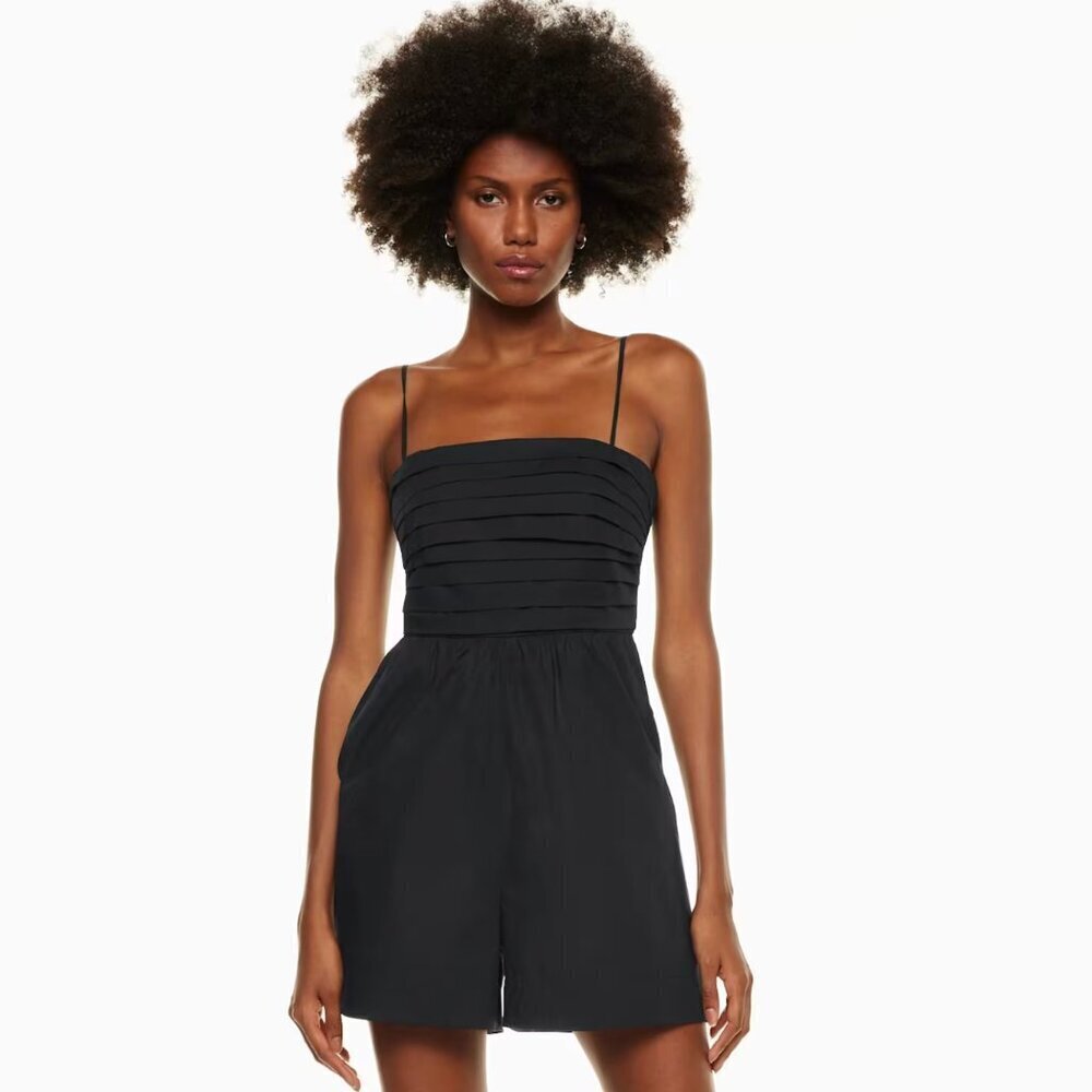Aritzia Babaton Abacus Poplin Romper Square Neck Pleated Black Size 00